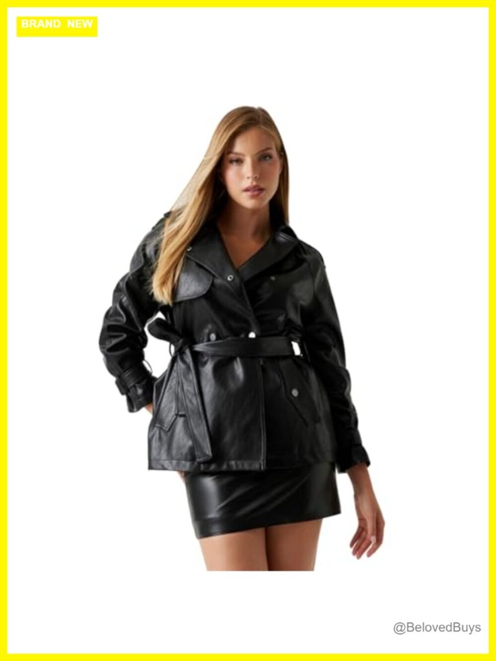 Faux Leather Short Trench Coat Women Long Sleeve Button Closure